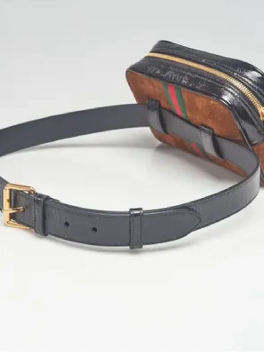 Gucci Brown Suede Belt Bag with Green-Red Web Stripe